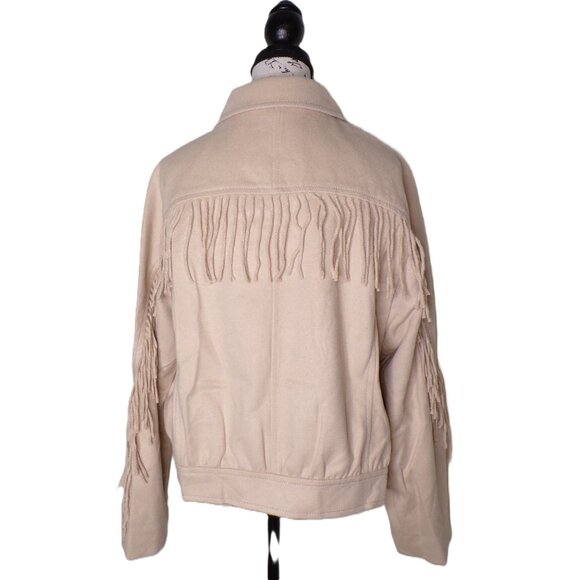 🆕ANN TAYLOR Fringe Bomber Jacket Wool Blend Lined Beige Medium - Picture 9 of 11
